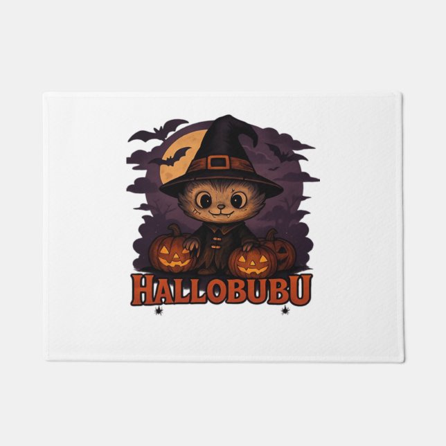 Halloween  Cats  Pumpkins  Black Background  Illus Doormat (Front)