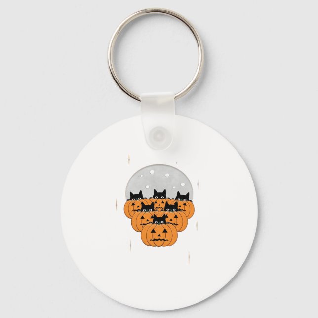 Halloween  Cats  Pumpkins  Black Background  Illus Key Ring (Front)