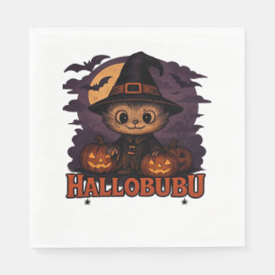 Halloween Cats Pumpkins Black Background Illus Napkin