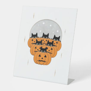 Halloween  Cats  Pumpkins  Black Background  Illus Pedestal Sign