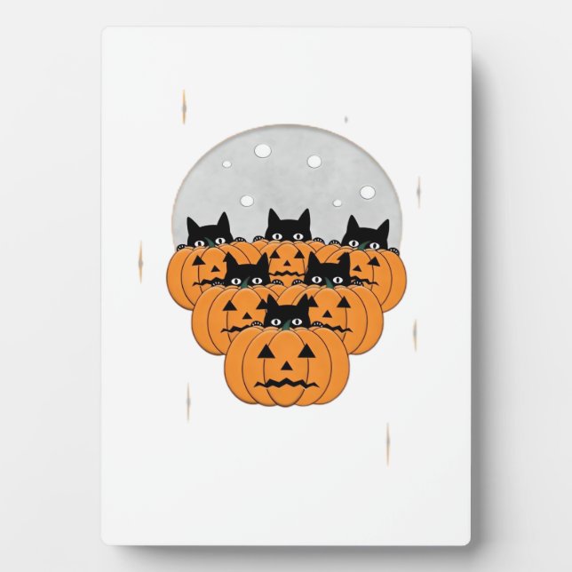 Halloween  Cats  Pumpkins  Black Background  Illus Plaque (Front)