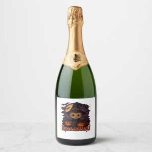 Halloween Cats Pumpkins Black Background Illus Sparkling Wine Label