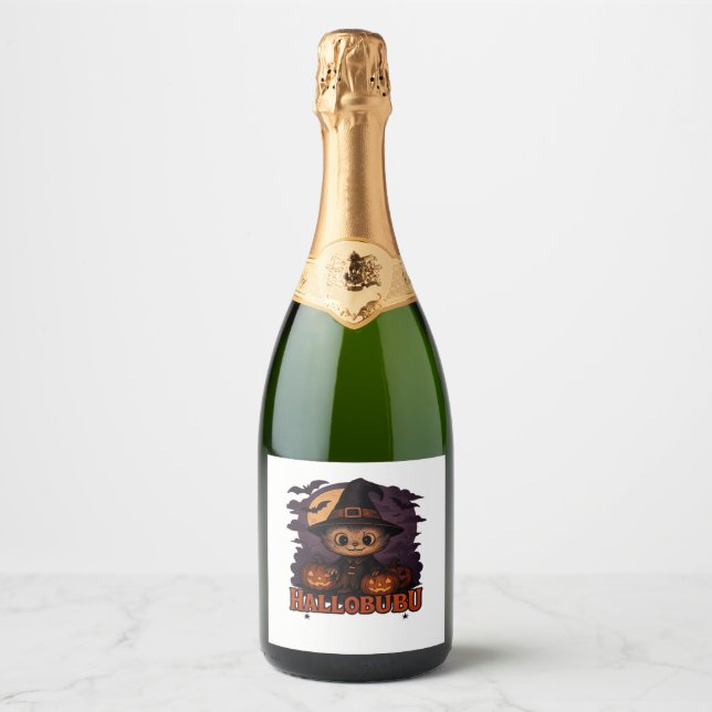 Halloween  Cats  Pumpkins  Black Background  Illus Sparkling Wine Label (Front)