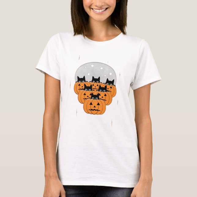 Halloween  Cats  Pumpkins  Black Background  Illus T-Shirt (Front)