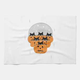Halloween  Cats  Pumpkins  Black Background  Illus Tea Towel