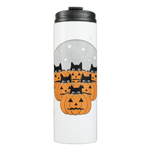 Halloween  Cats  Pumpkins  Black Background  Illus Thermal Tumbler