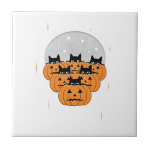 Halloween Cats Pumpkins Black Background Illus Tile