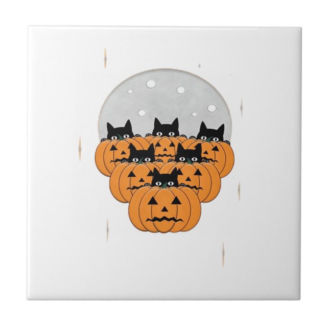 Halloween  Cats  Pumpkins  Black Background  Illus Tile (Front)