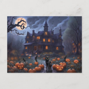 Halloween Cats Pumpkins Haunted House Holiday Postcard