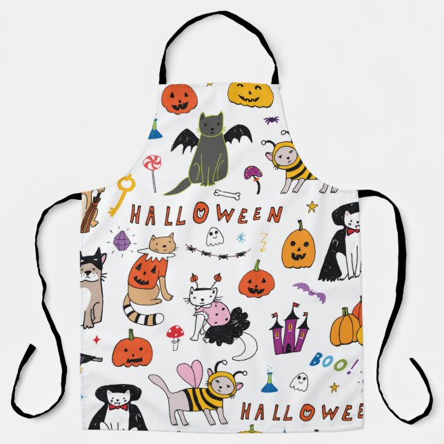 Halloween Cats Vintage Line Pattern Apron (Front)