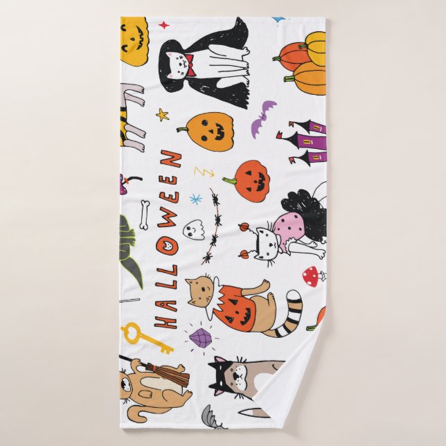 Halloween Cats Vintage Line Pattern Bath Towel (Bath Towel)