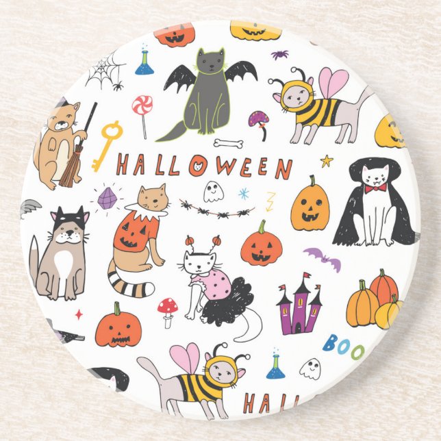 Halloween Cats Vintage Line Pattern Coaster (Front)