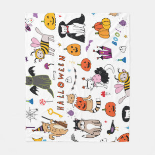 Halloween Cats Vintage Line Pattern Fleece Blanket