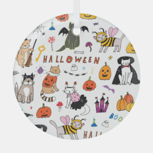 Halloween Cats Vintage Line Pattern Glass Tree Decoration
