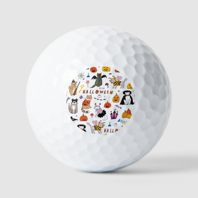 Halloween Cats Vintage Line Pattern Golf Balls (Front)