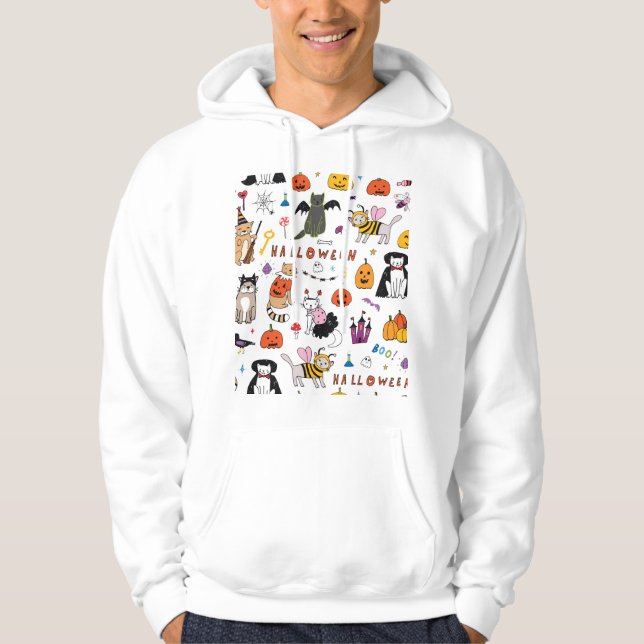 Halloween Cats Vintage Line Pattern Hoodie (Front)