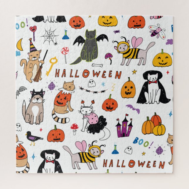 Halloween Cats Vintage Line Pattern Jigsaw Puzzle (Vertical)