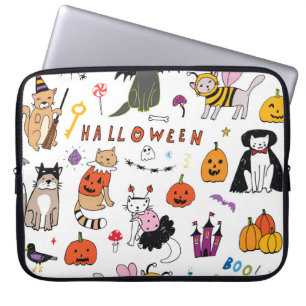 Halloween Cats Vintage Line Pattern Laptop Sleeve