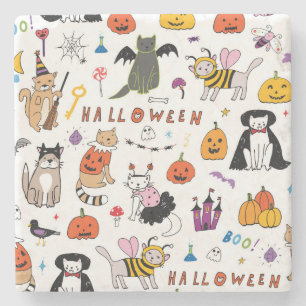 Halloween Cats Vintage Line Pattern Stone Coaster