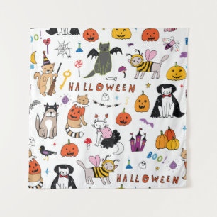 Halloween Cats Vintage Line Pattern Tapestry