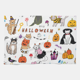 Halloween Cats Vintage Line Pattern Tea Towel