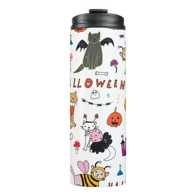 Halloween Cats Vintage Line Pattern Thermal Tumbler (Front)