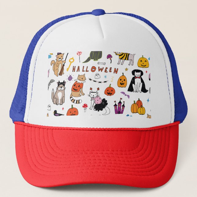 Halloween Cats Vintage Line Pattern Trucker Hat (Front)