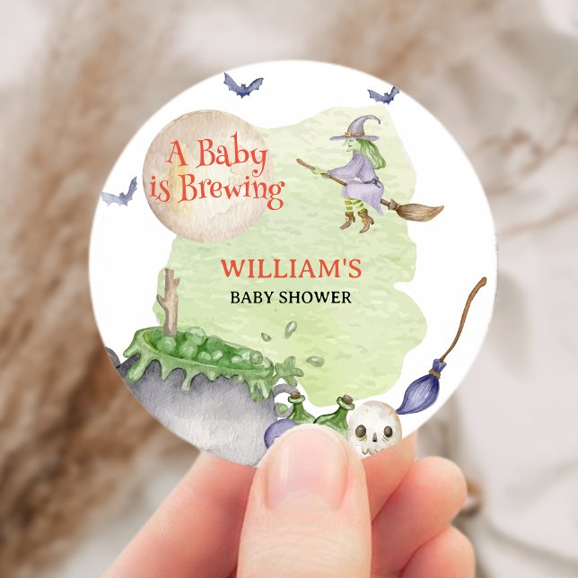 Halloween Cauldron Baby is Brewing Shower  Classic Round Sticker (Halloween Cauldron Baby is Brewing Shower Classic Round Sticker)
