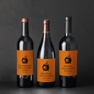 Halloween cauldron funny orange personalised wine label