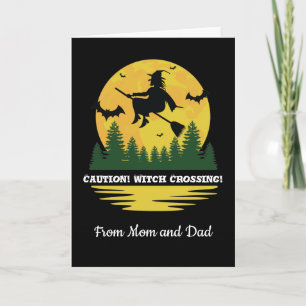 Halloween Caution Witch Crossing Flying Broomstick Card