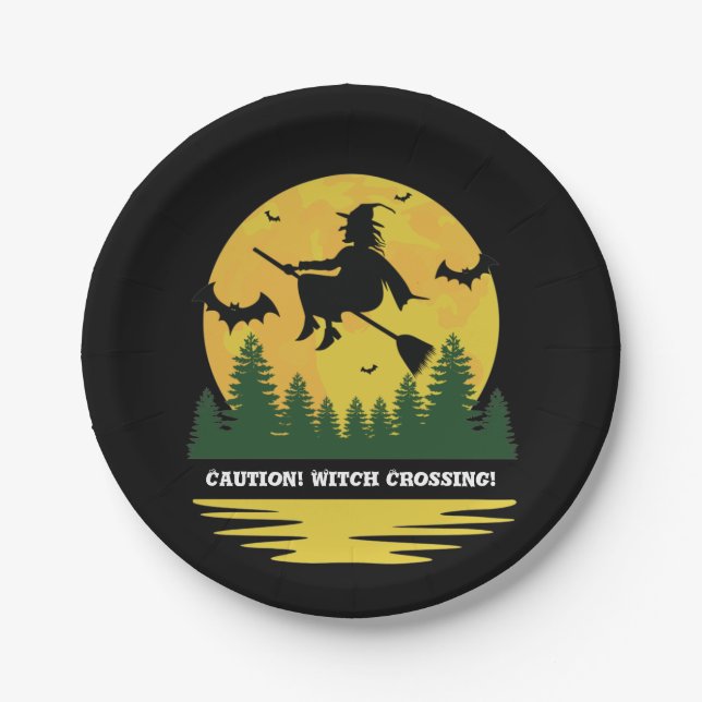 Halloween Caution Witch Crossing Flying Broomstick Paper Plate (Front)