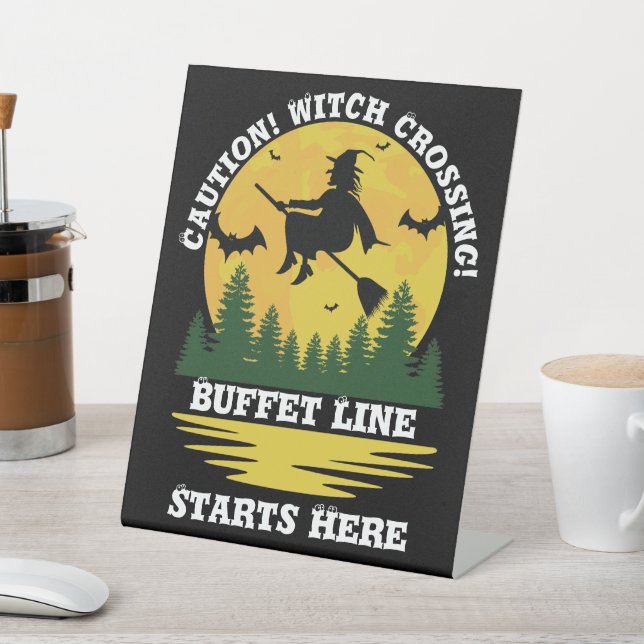 Halloween Caution Witch Crossing Flying Broomstick Pedestal Sign (In SItu)
