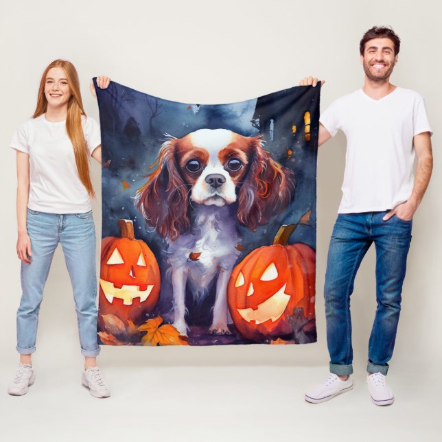 Halloween Cavalier King Charles Spaniel Pumpkins Fleece Blanket (In Situ)