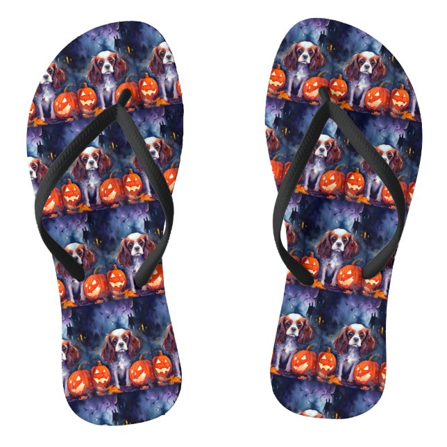 Halloween Cavalier King Charles Spaniel Pumpkins Flip Flops (Footbed)