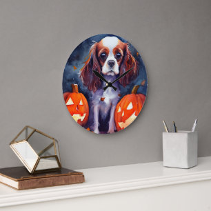 Halloween Cavalier King Charles Spaniel Pumpkins Large Clock