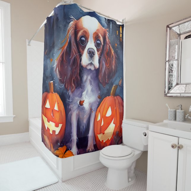 Halloween Cavalier King Charles Spaniel Pumpkins Shower Curtain (In Situ)