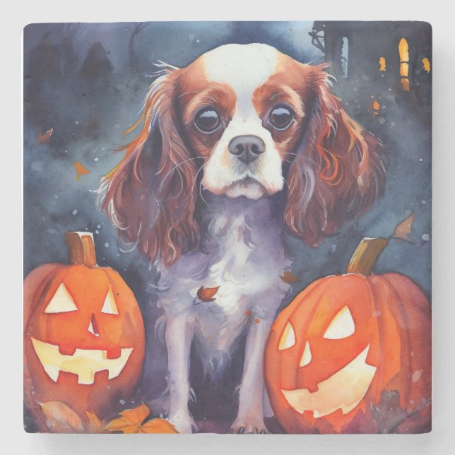 Halloween Cavalier King Charles Spaniel Pumpkins Stone Coaster (Front)