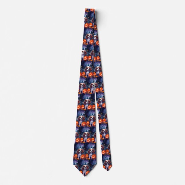Halloween Cavalier King Charles Spaniel Pumpkins Tie (Front)