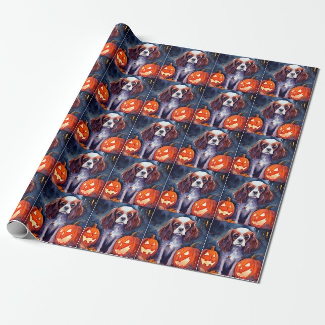 Halloween Cavalier King Charles Spaniel Pumpkins Wrapping Paper (Unrolled)