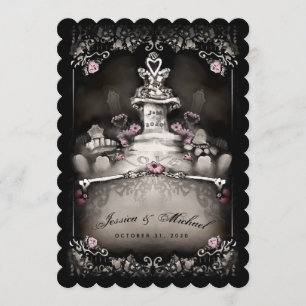 Halloween Cemetery Love Pink Floral Wedding Invite