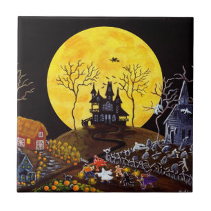 Halloween ceramic tile,haunted,house,graveyard tile