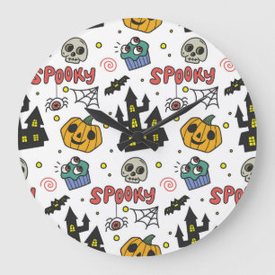 Halloween Characters: Whimsical Seamless Pattern Large Clock