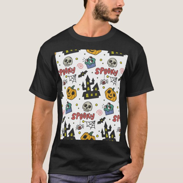 Halloween Characters: Whimsical Seamless Pattern T-Shirt (Front)