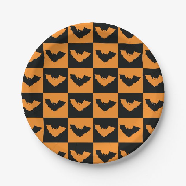 Halloween Checkers Pattern with Bats Paper Plate (Front)