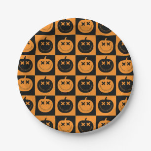 Halloween Checkers Pattern with Pumpkins Paper Plate
