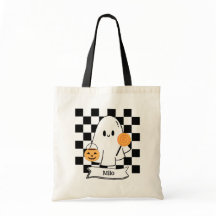 Halloween Chequered Ghost Kids Candy Tote Bag