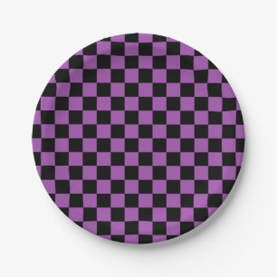 Halloween Chequered Purple and Black Check Pattern Paper Plate