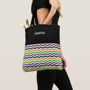 Halloween Chevron Green Purple Black Orange Name Tote Bag