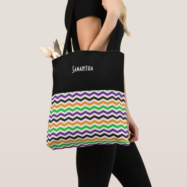 Halloween Chevron Green Purple Black Orange Name Tote Bag (Close Up)