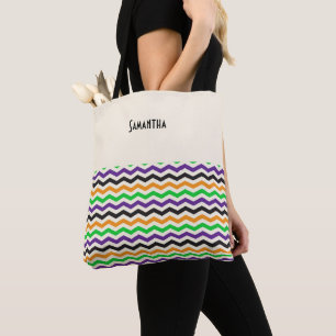 Halloween Chevron Green Purple Black Orange Name Tote Bag